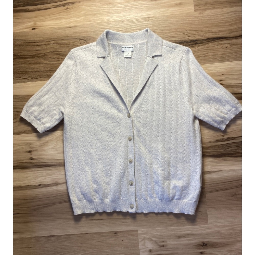 Club Monaco Cashmere Short Sleeve Cardigan Sweater Gray Pointelle Knit Large